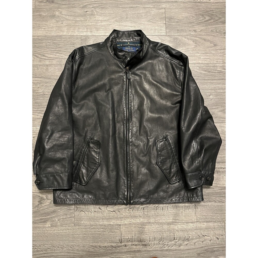 Polo Ralph Lauren Bomber Jacket Mens XL Black Leather Flannel Lined Pony Logo
